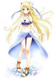  armlet bare_shoulders blonde_hair blue_eyes blue_sarong blush bow commentary_request feathers female fringe_trim gargantia_contest hair_ornament hairbow highres long_hair midriff navel photoshop_(medium) revision sandals sarong see-through see-through_sarong setona_(daice) smile solo suisei_no_gargantia 