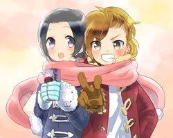  2boys :3 :d bad_id bad_pixiv_id black_hair blush brown_eyes brown_gloves brown_hair coat gloves grin idolmaster idolmaster_side-m looking_at_another male_focus multiple_boys okamura_nao open_mouth pink_scarf purple_eyes rice_(rice8p) scarf shared_clothes shared_scarf smile tachibana_shiro_(idolmaster) v winter_clothes winter_coat 