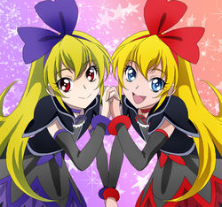  2girls :d blonde_hair blue_eyes blue_ribbon bow commentary_request dokidoki!_precure dual_persona eyelashes gradient_background hairbow holding_hands interlocked_fingers long_hair looking_at_viewer masako_(sabotage-mode) multicolored_background multiple_girls open_mouth photoshop_(medium) precure red_eyes red_ribbon regina_(dokidoki!_precure) ribbon smile star_(symbol) starry_background symmetrical_hand_pose symmetry 