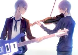  2boys bad_id bad_pixiv_id bass_guitar dual_persona from_side grey_hair guitar idolmaster idolmaster_side-m instrument looking_at_another male_focus map_(map_imas) multiple_boys music playing_instrument rickenbacker_4001 sakaki_natsuki simple_background violin 