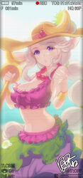  alternate_costume alternate_skin_color banana big_hair bikini bracelet breasts commentary_request dakun female food fruit hat jewelry large_breasts league_of_legends long_hair navel necklace order_of_the_banana_soraka photoshop_(medium) pink_bikini pointy_ears purple_eyes recording signature solo soraka_(league_of_legends) staff sun_hat swimsuit very_long_hair white_hair 