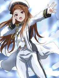  aiguillette brown_eyes brown_hair commentary_request dars_(recolors) epaulettes female hand_on_own_cheek hand_on_own_face hat idolmaster idolmaster_(classic) long_hair minase_iori open_mouth pants seizon_honnou_valkyria_(idolmaster) solo uniform 