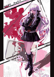  bad_id bad_pixiv_id blood boots braid danganronpa:_trigger_happy_havoc danganronpa_(series) female gloves hair_ribbon jacket kirigiri_kyoko long_hair monokuma necktie photoshop_(medium) purple_eyes purple_hair revision ribbon school_uniform shutsuri single_braid skirt solo 