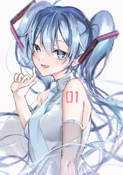  :d arm_tattoo blue_eyes blue_hair blue_necktie blush collared_shirt commentary detached_sleeves female floating_hair grey_sleeves hair_between_eyes hatsune_miku highres long_hair looking_at_viewer necktie open_mouth saksak_mocchiri see-through see-through_sleeves shirt sleeveless sleeveless_shirt smile solo tattoo twintails upper_body very_long_hair vocaloid white_background white_shirt wing_collar 