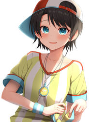  absurdres aqua_eyes backwards_hat baseball_cap blush brown_hair female hat highres hololive jewelry looking_at_viewer loose_clothes loose_shirt necklace oozora_subaru oozora_subaru_(1st_costume) oversized_clothes oversized_shirt pepushi_drow shirt short_hair short_sleeves solo stopwatch striped_clothes striped_shirt sweatband swept_bangs t-shirt tied_shirt vertical-striped_clothes vertical-striped_shirt virtual_youtuber watch whistle white_shirt wristband yellow_shirt 