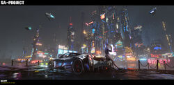  aircraft android artist_name black_footwear black_jacket brown_pants building car city commentary dirigible english_commentary english_text female hand_up highres holding jacket joints letterboxed long_hair motor_vehicle neon_lights night night_sky original outdoors pagani_huayra pants purple_hair robot_joints sa&#039;yuki shoes sky skyscraper solo sports_car star_(sky) starry_sky translated 