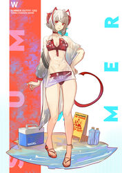  absurdres antenna_hair arknights bare_legs beach bikini bottle breasts character_name cleavage closed_mouth commentary cooler demon_tail english_commentary english_text expressionless female full_body grey_hair hand_on_own_hip highres looking_at_viewer medium_breasts naoel_(naoel_art) navel orange_background red_bikini red_eyes sandals see-through see-through_shirt shirt short_hair sign solo standing standing_on_liquid swimsuit tail w_(arknights) warning_sign white_background 