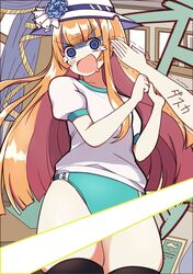  akikawa_yayoi_(umamusume) alternate_hair_color aqua_buruma blue_eyes blue_flower blue_rose blunt_bangs blunt_ends buruma commentary_request cosplay curtains drooling female flower furrowed_brow gym_shirt hat hat_flower highres holding_another&#039;s_arm indoors light_censor long_hair mouth_drool oerba_yun_fang open_mouth orange_hair portrait_(object) rose shaded_face shirt short_sleeves single_sidelock skin_fang solo sun_hat tearing_up tracen_training_uniform umamusume v-shaped_eyebrows wahiko_(black_bastard) white_hat white_shirt 