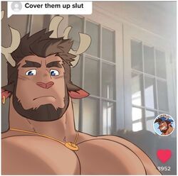  1boy animal_ears antlers bara beard blue_eyes blush brown_hair cheschirebacon cover_them_up_slut_(meme) dark-skinned_male dark_skin dialogue_box facial_hair forked_eyebrows goat_boy goat_ears goat_horns heart highres horns indoors jewelry large_pectorals looking_at_viewer male_focus mature_male meme muscular muscular_male necklace nude original pectoral_focus pectorals ring ring_necklace short_hair sideburns snout solo thick_eyebrows tiktok upper_body user_interface 