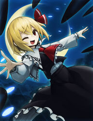  ascot black_skirt blonde_hair blouse bow bowtie cowboy_shot crescent darkness female hair_ribbon hairbow highres moon necktie one_eye_closed outstretched_arms photoshop_(medium) red_ascot red_bow red_eyes red_ribbon ribbon rumia shirt short_hair skirt solo spark621 spread_arms touhou vest white_shirt wing_collar 