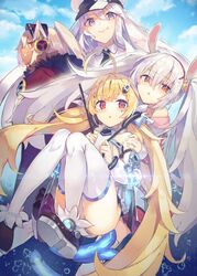  4girls :o animal_ears azur_lane black_footwear black_necktie blonde_hair blue_sky cloud cloudy_sky coat commentary_request dark_skin day detached_sleeves dowsing_rod dress_shirt eldridge_(azur_lane) enterprise_(azur_lane) fake_animal_ears fake_tail floating fur-trimmed_coat fur_trim grey_eyes grey_hair grin hair_ornament hair_ribbon hairclip half-closed_eyes halterneck hat headphones holding laffey_(azur_lane) legs_up leotard long_hair long_sleeves looking_at_viewer military_hat miniskirt minneapolis_(azur_lane) multiple_girls necktie parted_lips peaked_cap pink_shirt pleated_skirt rabbit_ears red_coat red_eyes red_skirt ribbon shirt shoes skirt sky smile tail thighhighs twintails very_long_hair white_hair white_leotard white_ribbon white_shirt white_sleeves white_thighhighs wing_collar yasumo_(kuusouorbital) 