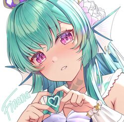  bangs blush character_name collarbone crown eyebrows_visible_through_hair female finana_ryugu flower frilled_sailor_collar frills green_hair hair_flower hair_ornament head_fins heart heart_hands neck_tattoo nijisanji nijisanji_en purple_eyes purple_flower sailor_collar saruei seashell shell solo tattoo virtual_youtuber white_background wrist_cuffs 