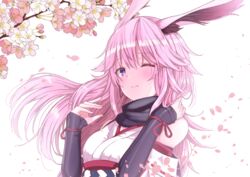  3; animal_ears bare_shoulders batta-1225 blush branch cherry_blossoms closed_mouth commentary_request female fox_ears hair_between_eyes honkai_(series) honkai_impact_3rd japanese_clothes looking_at_viewer one_eye_closed petals pink_hair purple_eyes simple_background solo white_background yae_sakura yae_sakura_(gyakushinn_miko) 