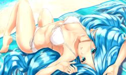  bare_shoulders bikini blue_eyes blue_hair breasts cleavage covered_nipples dana_(ys) dutch_angle female front-tie_bikini_top front-tie_top hair_between_eyes highres long_hair looking_at_viewer lying medium_breasts mussyu_danachan on_back parted_lips ribbon side-tie_bikini_bottom soles solo swimsuit underboob very_long_hair white_bikini white_ribbon ys ys_viii_lacrimosa_of_dana 