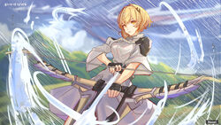  absurdres alchemy_stars armor artist_name black_gloves blonde_hair bow_(weapon) commentary copyright_name day drawing_bow dress english_commentary female fingerless_gloves gloves grey_dress highres holding holding_bow_(weapon) holding_weapon looking_at_viewer naoel_(naoel_art) outdoors rain short_hair short_sleeves shoulder_armor solo vice_(alchemy_stars) weapon wide_sleeves yellow_eyes 