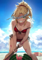  2girls bare_shoulders beach bikini blindfold blindfold_slip blonde_hair blue_sky blush breasts collarbone day fate/grand_order fate_(series) food fruit fujimaru_ritsuka_(female) green_eyes grin hair_ornament hair_scrunchie head_bump highres long_hair looking_at_viewer mordred_(fate) mordred_(swimsuit_rider)_(fate) mordred_(swimsuit_rider)_(first_ascension)_(fate) multiple_girls outdoors parted_bangs ponytail red_bikini scrunchie sidelocks sky small_breasts smile solo_focus suikawari swimsuit tonee watermelon 