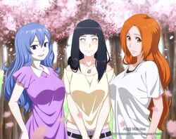  3girls alternate_costume artist_name bangs black_hair bleach blue_eyes blue_hair blunt_bangs blush breasts drawing fairy_tail hyuuga_hinata inoue_orihime jewelry juvia_lockser konohagakure_symbol large_breasts lavender_eyes looking_at_viewer multiple_girls naruto naruto_(series) necklace orange_eyes orange_hair smile trait_connection vicio_cusimano 