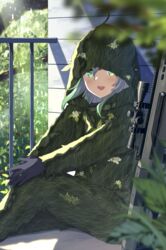  :d absurdres ahoge anti-materiel_rifle barrett_m82 black_gloves blurry blurry_foreground commentary_request denshi_yousei_project depth_of_field feet_out_of_frame female ghillie_suit gloves gradient_hair green_eyes green_hair grey_hair gun hanakusa_gimon has_bad_revision has_downscaled_revision highres hood hood_up long_hair long_sleeves looking_at_viewer md5_mismatch mimura_zaja multicolored_hair railing resolution_mismatch rifle scope sitting smile sniper_rifle solo source_smaller teeth upper_teeth_only virtual_youtuber weapon 