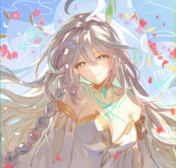  ahoge bare_shoulders braid breasts chest_tattoo chromatic_aberration cleavage collarbone cross-shaped_pupils detached_sleeves dress falling_petals female flower genshin_impact gold_choker gold_trim green_eyes grey_hair hair_ornament half-closed_eyes head_tilt highres large_breasts leaf_hair_ornament long_hair looking_at_viewer petals pointy_ears red_flower rukkhadevata_(genshin_impact) single_braid smile solo sp0i0ppp strapless strapless_dress symbol-shaped_pupils tattoo upper_body white_dress white_sleeves 