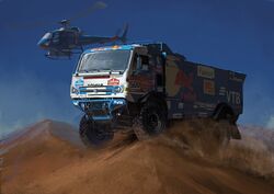  1other absurdres aircraft blue_sky commentary desert dust goodyear helicopter highres kamaz_rally_truck license_plate mirroraptor motor_vehicle original outdoors race_vehicle red_bull russian_commentary russian_flag sky sponsor sticker truck vehicle_focus 