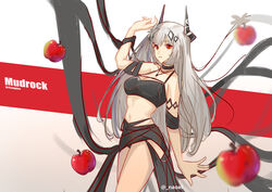  absurdres apple arknights arm_up armlet bikini black_bikini black_choker black_ribbon breasts character_name choker cleavage commentary copyright_name cowboy_shot english_commentary female food fruit grey_hair hair_ornament highres horns jewelry long_hair mixed-language_commentary mudrock_(arknights) mudrock_(silent_night)_(arknights) naoel_(naoel_art) navel necklace official_alternate_costume parted_lips red_background red_eyes ribbon solo stomach swimsuit twitter_username white_background 