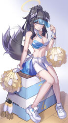  absurdres adjusting_eyewear ammunition animal_ears bangle bare_legs bare_shoulders black_hair blue_archive blush bracelet breasts cheerleader crop_top dog_ears dog_girl dog_tail eyewear_on_head female goggles goggles_on_head halo hand_on_eyewear hibiki_(blue_archive) hibiki_(cheer_squad)_(blue_archive) highres holding holding_pom_poms jewelry long_hair looking_at_viewer millennium_cheerleader_outfit_(blue_archive) mortar_shell navel official_alternate_costume pom_pom_(cheerleading) shoes skirt sneakers solo star_sticker sticker_on_arm tail tail_wagging text_print vaulting_horse white_skirt yellow_halo yyfuu 