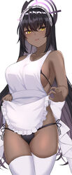  apron apron_lift bare_arms bare_shoulders black_hair black_panties blue_archive blush breasts clothes_lift collarbone commentary cowboy_shot crossed_bangs dark-skinned_female dark_skin female frilled_apron frills gaitoou halo highres karin_(blue_archive) large_breasts long_hair looking_at_viewer maid maid_headdress panties parted_lips side-tie_panties sideboob simple_background solo standing thighhighs thighs underwear white_apron white_background white_headwear white_thighhighs yellow_eyes 