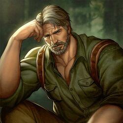  1boy bara beard blood blood_on_face chenyanyan collared_shirt facial_hair grey_eyes grey_hair hand_on_own_face joel_(the_last_of_us) long_sideburns male_focus mature_male muscular muscular_male pectoral_cleavage pectorals scar shirt sideburns sitting solo the_last_of_us_(series) the_last_of_us_2 