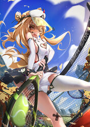  azur_lane bache_(azur_lane) bache_(showy_sports_star)_(azur_lane) ball bandaid bare_shoulders blonde_hair blue_sky blush breasts building city clothing_cutout cloud day detached_sleeves female heart_cutout highres holding holding_racket long_hair looking_at_viewer manjuu_(azur_lane) official_alternate_costume one_eye_closed photoshop_(medium) racket renze_l single_thighhigh sky skyscraper small_breasts smile sportswear sunglasses tennis tennis_ball tennis_court tennis_dress tennis_net tennis_racket tennis_uniform thigh_strap thighhighs two_side_up very_long_hair visor_cap white_thighhighs 