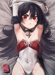  :&lt; absurdres armpits bare_shoulders bed_sheet black_choker black_hair blush breasts choker cleavage closed_mouth commentary_request covered_navel diamond-shaped_pupils diamond_(shape) elbow_gloves female from_above fur-trimmed_gloves fur_trim gloves groin hair_between_eyes highres illya_(princess_connect!) illya_(small)_(princess_connect!) leotard long_hair looking_at_viewer lying on_back princess_connect! red_eyes slit_pupils small_breasts solo strapless strapless_leotard sweatdrop symbol-shaped_pupils thighs torriet v-shaped_eyebrows white_gloves 