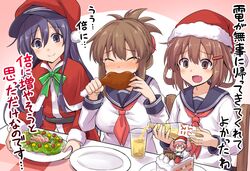  3girls absurdres akatsuki_(kancolle) atlanta_(kancolle) black_sailor_collar blush brown_eyes brown_hair cake capelet christmas closed_eyes collarbone commentary_request folded_ponytail food hair_between_eyes hat highres holding holding_food ikazuchi_(kancolle) inazuma_(kancolle) kantai_collection kokutou_nikke long_hair long_sleeves multiple_girls neckerchief oerba_yun_fang open_mouth purple_eyes purple_hair red_capelet red_neckerchief sailor_collar santa_costume santa_hat school_uniform serafuku short_hair skin_fang tears translation_request 