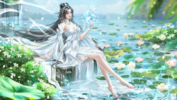  absurdres black_hair blue_sky cloud detached_sleeves dress earrings falling_petals female flower full_body hair_rings highres holding holding_flower jewelry jiu_bai_1212 leaf lily_pad long_hair necklace petals sky solo splashing wanmei_shijie water white_dress white_flower yue_chan_(wanmei_shijie) 