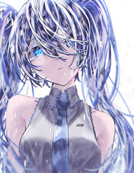  absurdres blue_hair blue_necktie closed_mouth collared_shirt female grey_shirt hair_between_eyes hair_over_one_eye hatsune_miku head_tilt highres long_hair looking_at_viewer necktie saksak_mocchiri shirt sleeveless sleeveless_shirt solo twintails upper_body very_long_hair vocaloid white_background wing_collar 