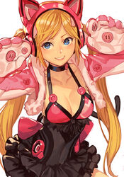  animal_ears animal_hands black_choker blonde_hair blue_eyes breasts cat_ears choker cleavage collarbone cropped_jacket fake_animal_ears female fur-trimmed_jacket fur_trim gloves grey_background grin hands_up headphones hungry_clicker jacket long_hair looking_at_viewer lucky_chloe medium_breasts paw_gloves pink_jacket simple_background smile solo teeth tekken thighhighs twintails 