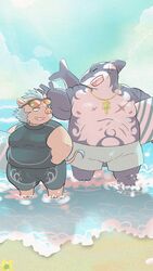  9:16 anthro belly blue_hair brown_body brown_fur clothing duo eyewear fish fur ganglie_(tas) hair hi_res lifewonders male mammal marine musclegut muscular nipples overweight overweight_male rorondo4 shark smile suid suina sunglasses sus_(pig) swimwear tokyo_afterschool_summoners typhon_(tas) wetsuit wild_boar 