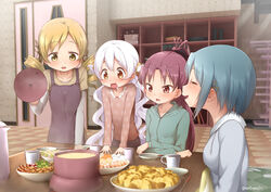  4girls abutomato apron black_bow blonde_hair blue_hair bow brown_apron brown_shirt closed_eyes commentary_request drill_hair drooling food green_jacket grey_jacket hair_ornament hairbow hairclip highres indoors jacket long_hair long_sleeves mahou_shoujo_madoka_magica mahou_shoujo_madoka_magica:_hangyaku_no_monogatari miki_sayaka momoe_nagisa multiple_girls open_mouth orange_eyes plate polka_dot polka_dot_shirt ponytail red_eyes red_hair sakura_kyoko shirt short_hair tomoe_mami twin_drills twitter_username white_hair yellow_eyes 