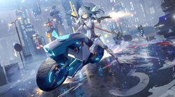  2others ahoge android black_pants blue_hair bodysuit building closed_mouth commentary english_commentary female finger_on_trigger firing floating_hair gun hair_between_eyes headgear highres holding holding_gun holding_weapon jacket joints lamppost long_hair motor_vehicle motorcycle multiple_others neon_trim open_clothes open_jacket orange_eyes original pants revolver road_sign robot_joints sa&#039;yuki sign skyscraper smoke sparks sword sword_behind_back weapon weapon_on_back white_bodysuit white_jacket 