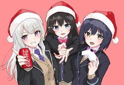  3girls bad_id bad_twitter_id black_hair black_jacket blazer blue_eyes blue_hair blue_jacket blush bow bowtie brown_cardigan brown_sweater brown_vest can cardigan cardigan_under_jacket christmas coca-cola collared_shirt commentary grey_hair grin hair_between_eyes hair_ornament hairclip hat higuchi_kaede higuchi_kaede_(1st_costume) holding holding_can jacket jk_gumi_(nijisanji) karuvo long_hair long_sleeves looking_at_viewer merry_christmas mole mole_under_eye multiple_girls necktie nijisanji open_clothes open_jacket open_mouth pink_bow pink_bowtie pink_eyes pom_pom_(clothes) ponytail purple_bow purple_bowtie purple_necktie red_background red_headwear santa_hat school_uniform shirt shizuka_rin shizuka_rin_(1st_costume) short_hair simple_background smile straight_hair sweater sweater_under_jacket teeth tsukino_mito tsukino_mito_(1st_costume) upper_body vest virtual_youtuber white_shirt wing_collar yellow_eyes yellow_vest 