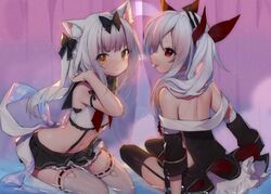  2girls absurdres animal_ear_fluff animal_ears arm_ribbon azur_lane back bare_shoulders black_bow black_dress black_legwear black_skirt bow cat_ears crop_top curtains dress from_behind frown garter_straps hair_ribbon hairbow hand_up highres long_hair looking_at_viewer looking_back midriff miebao miniskirt multiple_girls navel neckerchief oerba_yun_fang off-shoulder_dress off_shoulder orange_eyes profile red_eyes red_ribbon ribbon sailor_collar school_uniform serafuku shirt sitting skirt sleeveless sleeveless_shirt stomach suspenders thighhighs tongue tongue_out two_side_up vampire_(azur_lane) water white_hair white_ribbon white_shirt white_thighhighs yukikaze_(azur_lane) zettai_ryouiki 