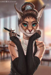  2022 5_fingers anthro blurred_background breakfast_at_tiffany&#039;s breasts brown_hair caracal caracal_(genus) clothed clothing detailed_background digital_media_(artwork) etskuni eyebrows eyelashes felid feline female fingers fur green_eyes hair hi_res holly_golightly looking_at_viewer mammal orange_body orange_fur smile solo 