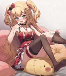  :d absurdres akai_haato akai_haato_(gothic_lolita) bare_arms blonde_hair blue_eyes blush bow breasts brown_thighhighs dress female frilled_dress frills haaton_(akai_haato) hair_ornament hairbow hairclip heart heart_hair_ornament highres hololive korean_commentary layered_dress long_hair looking_at_viewer medium_breasts no_shoes official_alternate_hairstyle pharamacom red_bow red_dress sitting sleeveless sleeveless_dress smile solo thigh_strap thighhighs thighhighs_pull two_side_up very_long_hair virtual_youtuber x_hair_ornament 