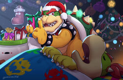  2boys armlet balloon blanket bow bowser bowser_jr. bracelet candy candy_cane christmas christmas_lights christmas_ornaments christmas_tree closed_eyes commentary english_commentary fangs father_and_son finger_to_mouth food gift gift_bag glowing gonzarez goomba goomba&#039;s_shoe hat holding holding_gift horns index_finger_raised jewelry koopa_clown_car looking_at_viewer lying male_focus mario_(series) mixed-language_commentary multiple_boys on_back open_mouth pink_bow pom_pom_(clothes) red_eyes red_headwear santa_costume santa_hat sharp_teeth shushing signature sleeping spiked_armlet spiked_bracelet spiked_shell spikes super_bell super_star_(mario) teeth thick_eyebrows 