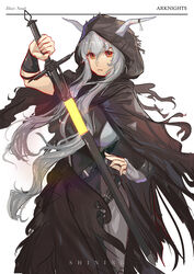  absurdres arknights artist_name belt black_cloak black_dress character_name cloak commentary copyright_name cowboy_shot dress english_commentary expressionless female grey_hair highres holding holding_sword holding_weapon hood hooded_cloak horns horns_through_headwear long_hair looking_at_viewer naoel_(naoel_art) parted_lips red_eyes shining_(arknights) simple_background solo sword weapon white_background wrist_guards 