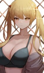  bare_shoulders black_bra blonde_hair bra breasts cleavage closed_mouth female glint grey_jacket hair_bobbles hair_ornament jacket large_breasts long_hair looking_at_viewer moth1 off_shoulder open_clothes open_jacket original solo twintails underwear upper_body yellow_eyes 