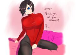  absurdres ark_royal_(azur_lane) azur_lane black_hair black_legwear blue_eyes highres navel on_bed pantyhose red_sweater regen seiza sitting smile sweater 