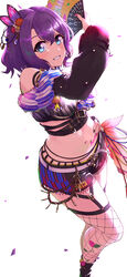  absurdres anzo_(anzu_elichi0928) black_shorts blue_eyes body_writing breasts crop_top d4dj detached_sleeves female fishnet_thighhighs fishnets folding_fan garter_straps hair_ornament hand_fan hidaka_saori highres holding holding_fan large_breasts looking_at_viewer micro_shorts midriff navel pink_nails purple_hair short_hair shorts sidelocks simple_background smile solo thighhighs white_background 