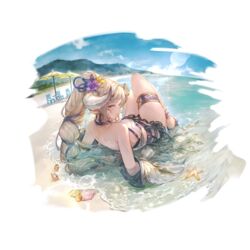  azusa_(granblue_fantasy) azusa_(summer)_(granblue_fantasy) bandaged_hand bandages bare_shoulders beach bikini black_skirt blush braid braided_ponytail breasts cleavage day detached_sleeves draph female flower granblue_fantasy hair_flower hair_ornament high_ponytail horns large_breasts long_hair looking_at_viewer looking_back minaba_hideo mountain ocean official_alternate_costume official_alternate_hairstyle official_art outdoors pointy_ears purple_bikini purple_flower red_eyes seashell shell single_braid skindentation skirt sky solo starfish swimsuit thighs transparent_background very_long_hair water wet white_hair 