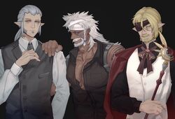  3boys bara beard blue_eyes chest_hair dark-skinned_male dark_skin elezen elf facial_hair final_fantasy final_fantasy_xiv headband highres hyur jacket large_pectorals long_hair lyon_rem_helsos male_focus mature_male menenius_sas_lanatus moustache multiple_boys muscular muscular_male notesonlyonpii old old_man pectoral_cleavage pectorals pointy_ears sartauvoir_quo_soranus tattoo white_hair 