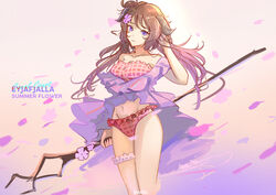  absurdres arknights artist_name bikini brown_hair character_name closed_mouth collarbone commentary copyright_name cowboy_shot dotted_background dress english_commentary eyjafjalla_(arknights) eyjafjalla_(summer_flower)_(arknights) falling_petals female flower goat_horns groin hair_flower hair_ornament hand_up highres holding holding_staff horns leg_ribbon light_smile long_hair looking_at_viewer naoel_(naoel_art) navel off-shoulder_dress off_shoulder official_alternate_costume petals pink_bikini pink_flower purple_background purple_dress purple_eyes ribbon solo staff swimsuit swimsuit_cover-up thigh_ribbon 