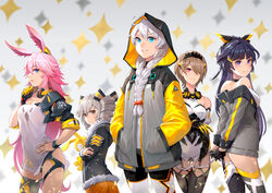  5girls :d alternate_color animal_ears antenna_hair bare_shoulders black_gloves black_jacket black_thighhighs blue_eyes braid bronya_zaychik bronya_zaychik_(snowy_sniper) brown_hair closed_mouth doll drill_hair fox_ears gloves grey_eyes grey_hair hair_between_eyes hair_ornament hair_over_one_eye hand_on_own_chin hand_on_own_hip hands_in_pockets headphones headphones_around_neck highres homu_(honkai_impact) honkai_(series) honkai_impact_3rd hugging_doll hugging_object jacket kiana_kaslana kiana_kaslana_(white_comet) long_hair long_sleeves looking_at_viewer maid_headdress mask mole mole_under_eye multiple_girls open_mouth orimesoma pink_hair purple_eyes purple_hair raiden_mei raiden_mei_(striker_fulminata) respirator rita_rossweisse rita_rossweisse_(phantom_iron) scarf short_hair short_sleeves single_glove single_thighhigh smile thighhighs twin_braids twin_drills white_hair yae_sakura yae_sakura_(goushinnso_memento) yellow_gloves 